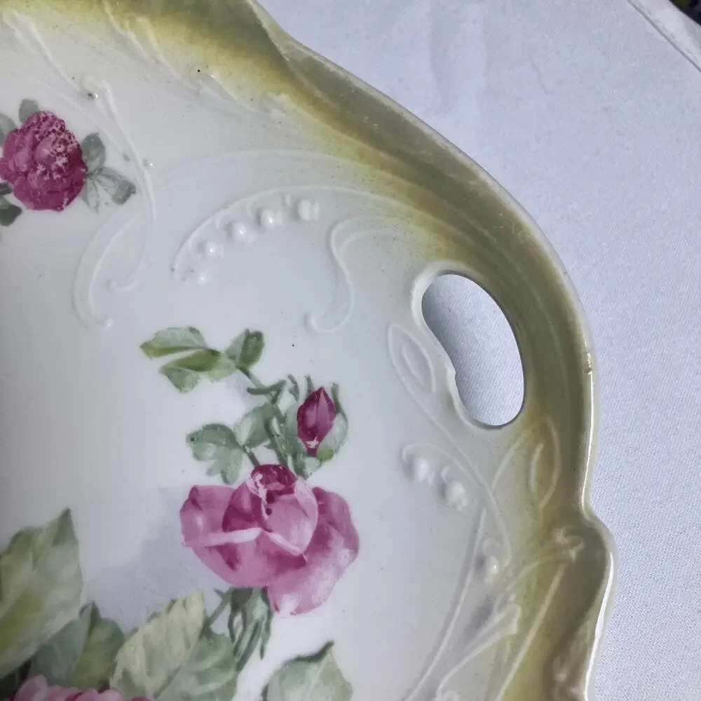 Antique Lehmann Arzberg Bavaria Hand Painted Pink Rose Cake Plate Embossed 10”
